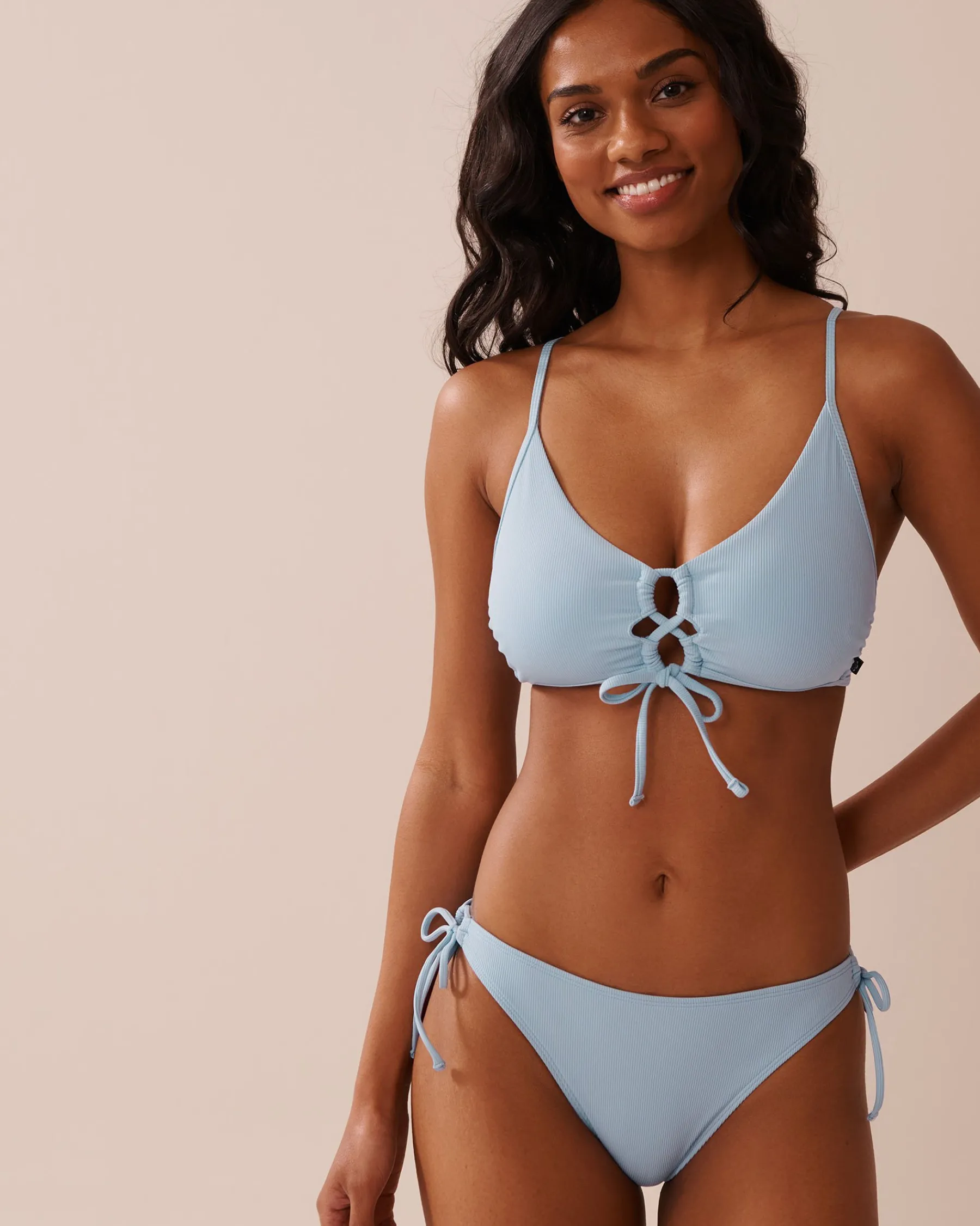 Ribbed Side Tie Brazilian Bikini Bottom Texture Play|A Splashing Escape
