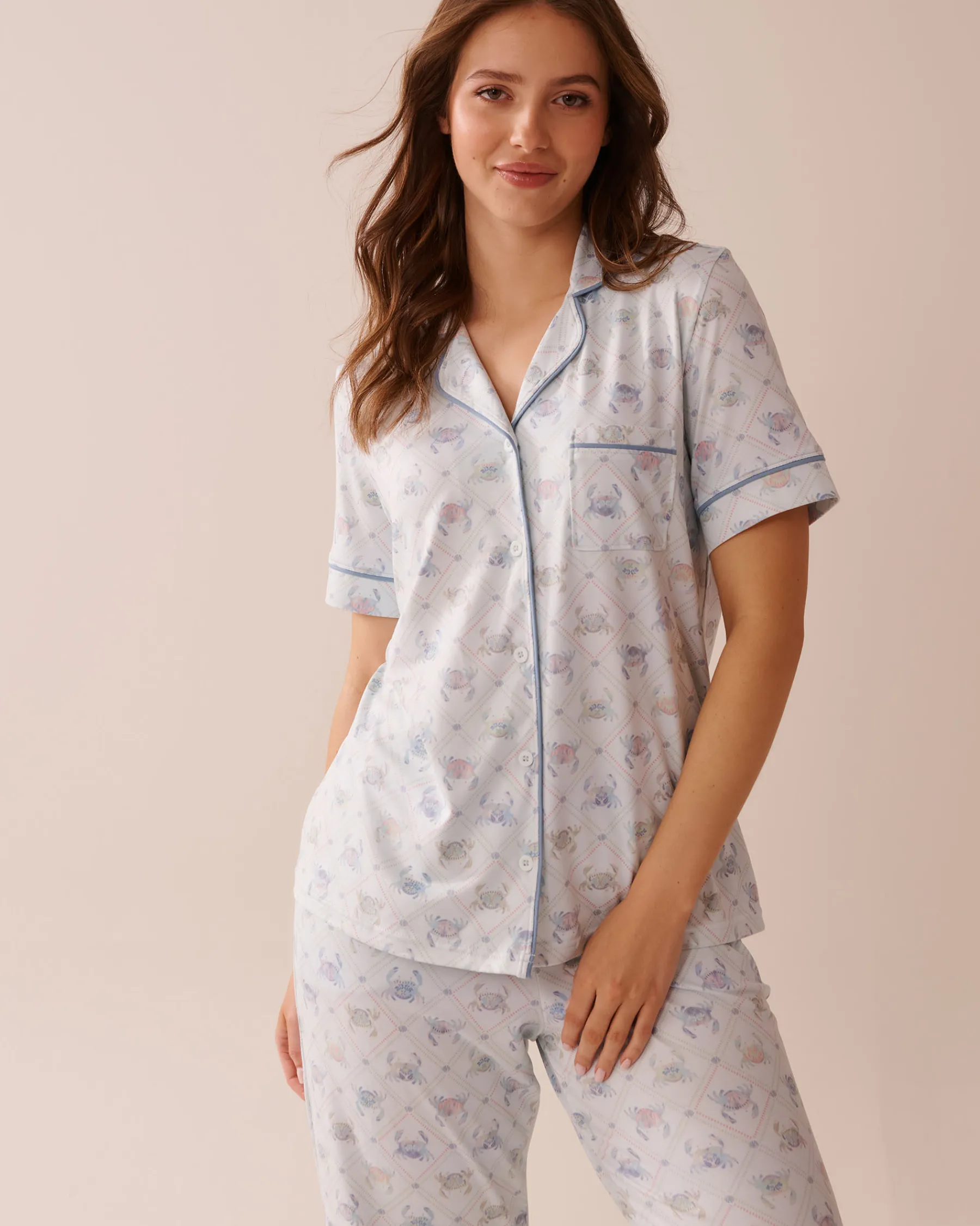 New Crab Print Super Soft Short Sleeve Button-down Shirt The Peachy Dream Collection|Tops
