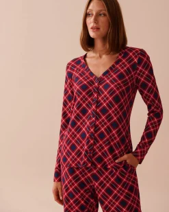 Hot Diagonal Plaid Super Soft V-neck Button-front Top The Peachy Dream Collection|Tops