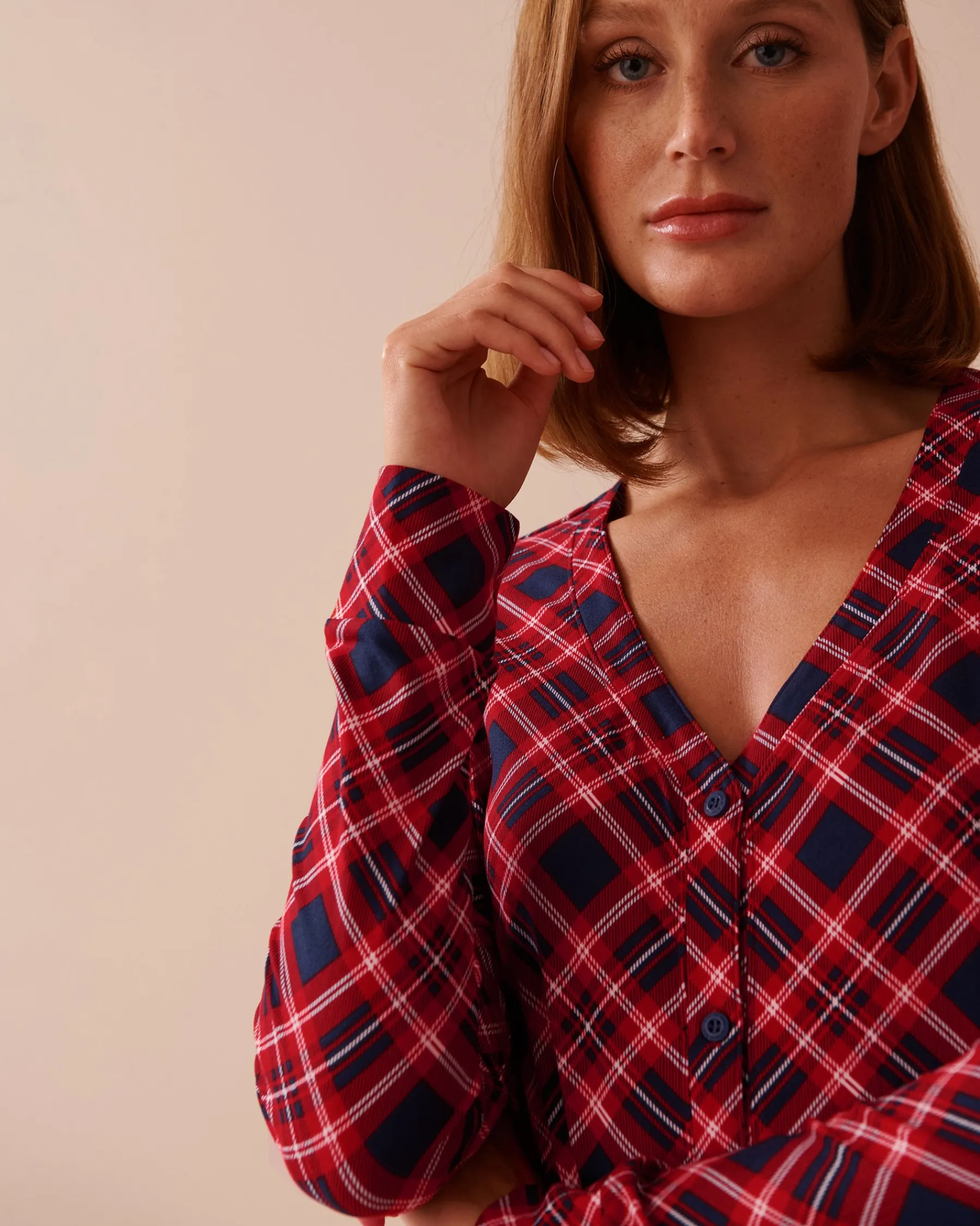 Hot Diagonal Plaid Super Soft V-neck Button-front Top The Peachy Dream Collection|Tops
