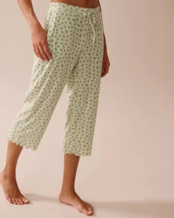 Clearance Ditsy Floral Print Lettuce Edge Pointelle Pajama Capris Bottoms