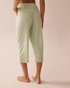 Clearance Ditsy Floral Print Lettuce Edge Pointelle Pajama Capris Bottoms