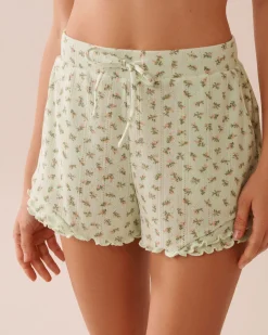 Hot Ditsy Floral Print Lettuce Edge Pointelle Pajama Shorts Bottoms