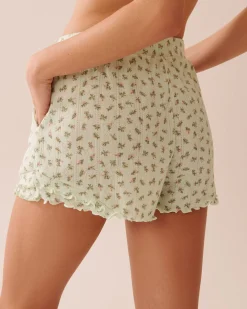 Hot Ditsy Floral Print Lettuce Edge Pointelle Pajama Shorts Bottoms