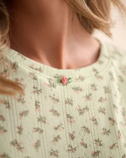 Ditsy Floral Print Lettuce Edge Pointelle T-shirt Tops