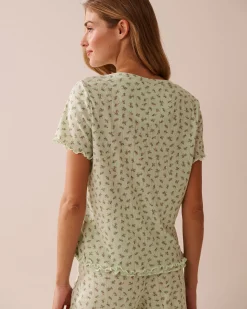 Ditsy Floral Print Lettuce Edge Pointelle T-shirt Tops