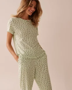 Ditsy Floral Print Lettuce Edge Pointelle T-shirt Tops