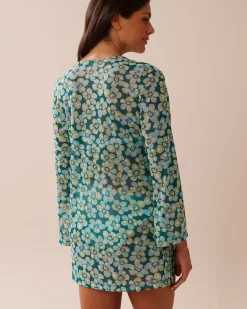 Discount Floral Mesh Long Sleeve Tunic A Splashing Escape|Beachwear
