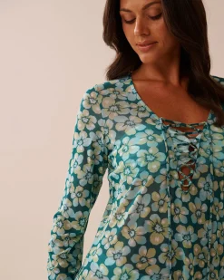 Discount Floral Mesh Long Sleeve Tunic A Splashing Escape|Beachwear