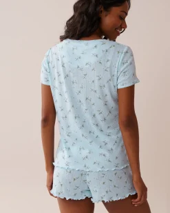 New Floral Print Lettuce Edge Pointelle T-shirt Tops