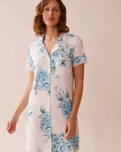 Hot Hydrangea Print Super Soft Button-down Sleepshirt The Peachy Dream Collection|Nightshirts