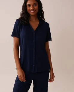 Online Lace Trim Ribbed Jersey Button-down Shirt Tops