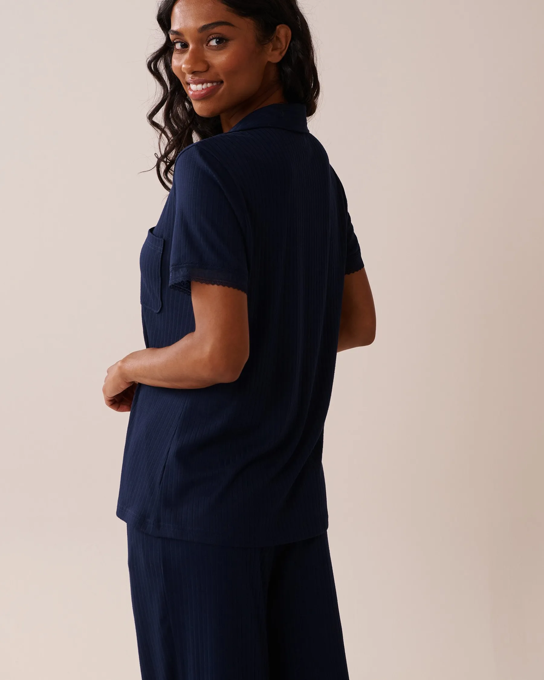 Online Lace Trim Ribbed Jersey Button-down Shirt Tops