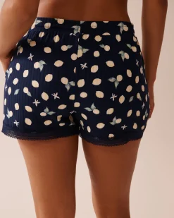 New Lemon Print Lace Trim Ribbed Jersey Pajama Shorts Bottoms