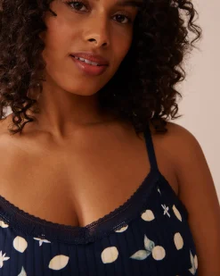Online Lemon Print Lace Trim Ribbed Jersey Cami Tops