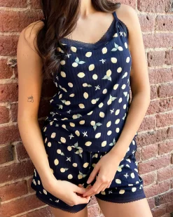 Online Lemon Print Lace Trim Ribbed Jersey Cami Tops