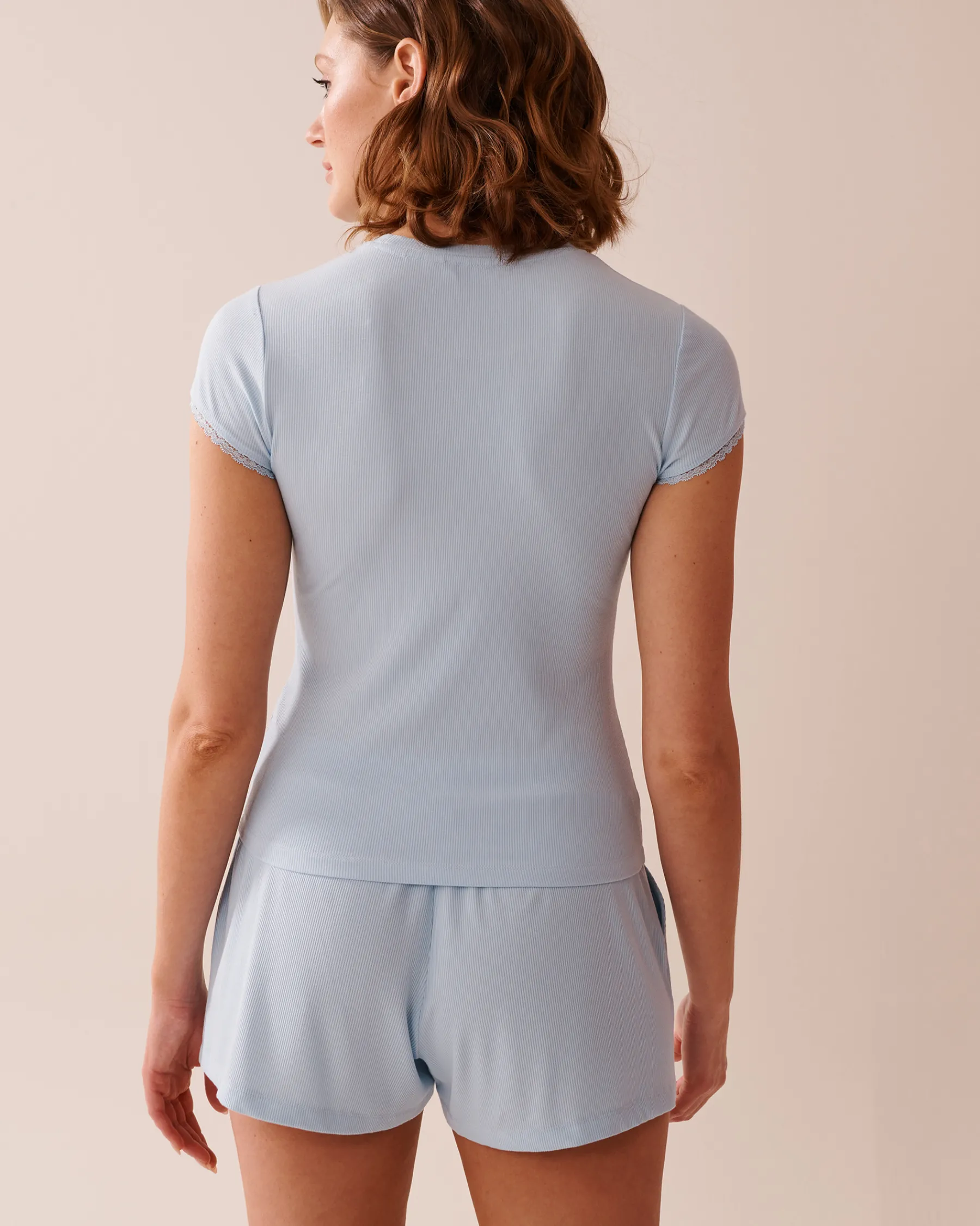 Hot Ribbed Modal and Lace Trim T-shirt Modal Pajamas|Tops