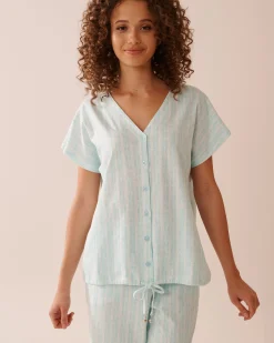 Hot Stripe Print Cotton T-shirt Cotton Pajamas|Tops