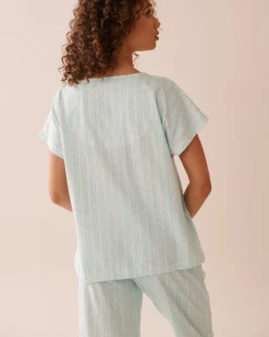 Hot Stripe Print Cotton T-shirt Cotton Pajamas|Tops